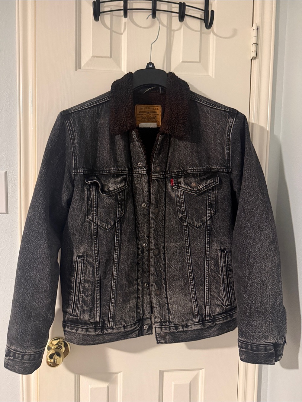 Levi's Fresh leaves Gray Washed Denim Jacket with Red Sherpa Collar